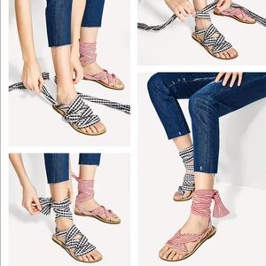 NWT Zara gingham and stripe wrap sandals